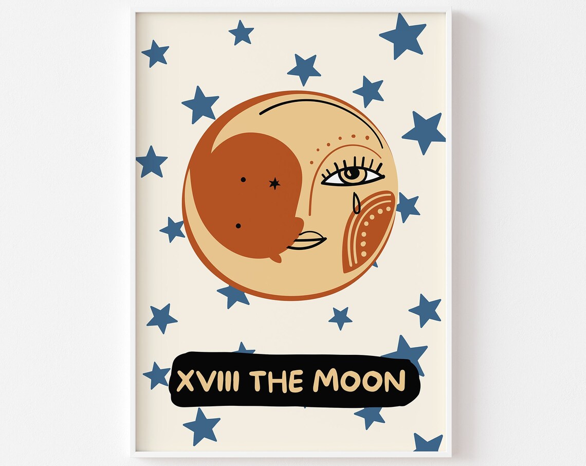 The Moon XVIII Tarot Card Bohemian Boho Celestial Star Art Poster
