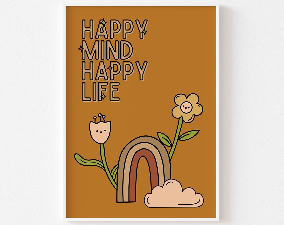 Happy Mind Happy Life Retro Rainbow Sunshine Quote Art Poster