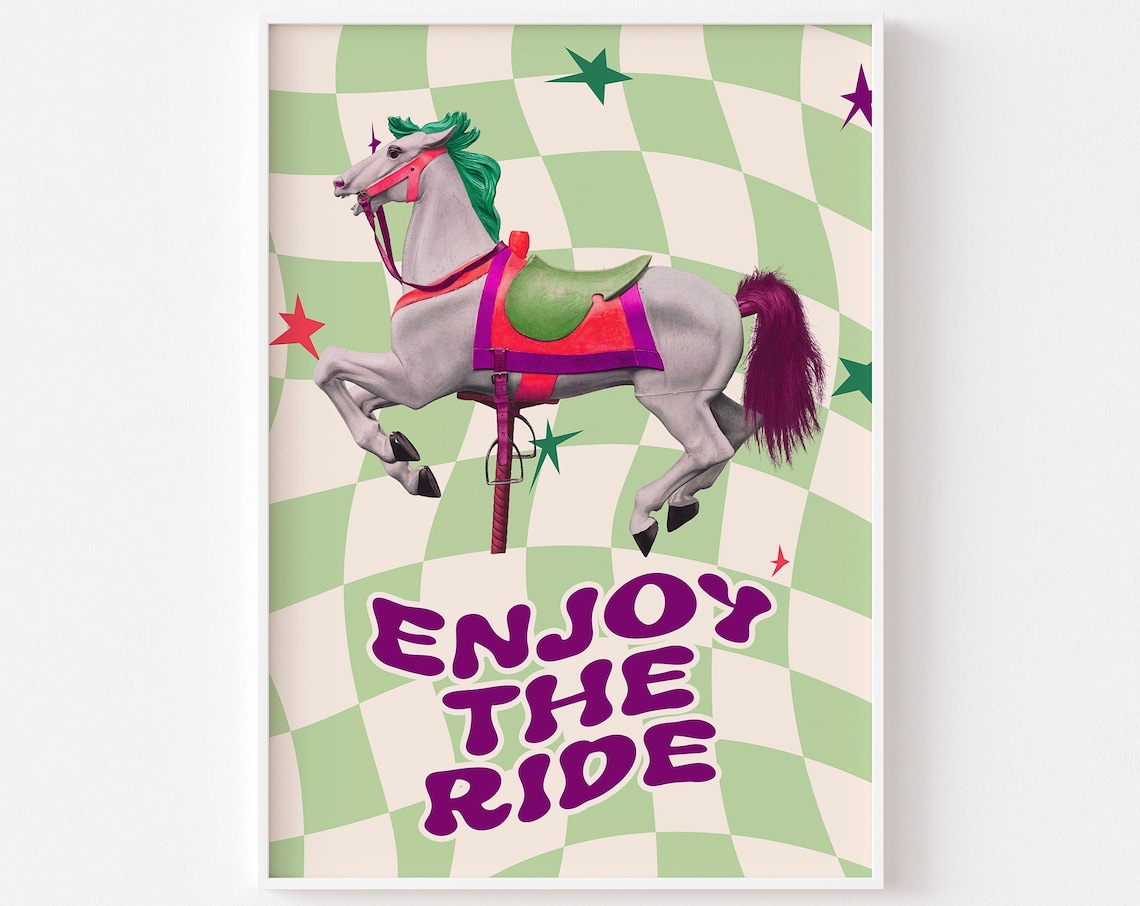 Enjoy The Ride Carousel Horse Checkerboard Funky 90s Nostalgia Poster