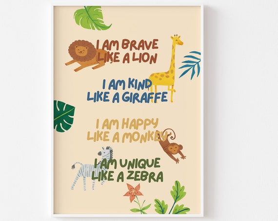 Jungle Animal Affirmations Nursery Print Cute Animals Print Boho Jungle Bedroom Positive Affirmations Brave Kind Happy Unique Playroom