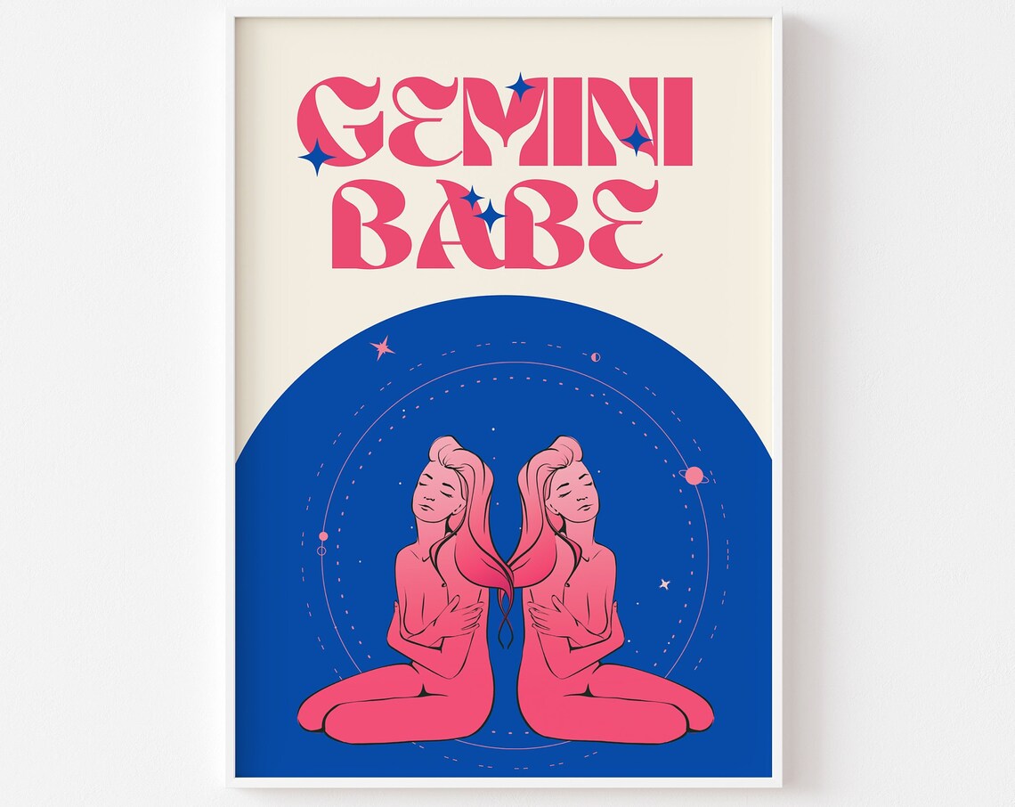 Gemini Babe Zodiac Star Sign Pink Twins Celestial Art Poster