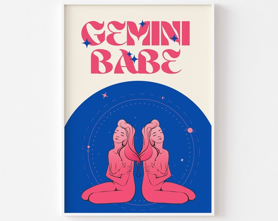 Gemini Babe Zodiac Star Sign Pink Twins Celestial Art Poster