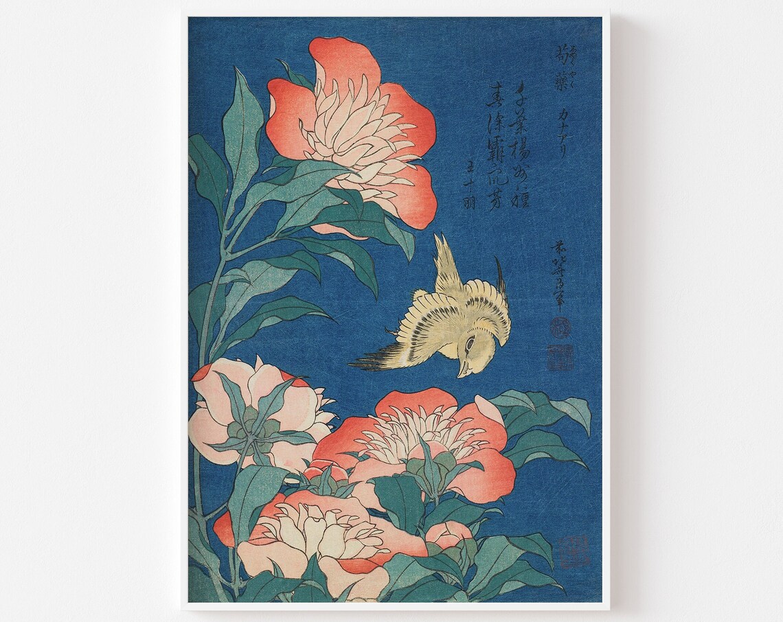 Peonies and Canary by Katsushika Hokusai, Vintage Art Print