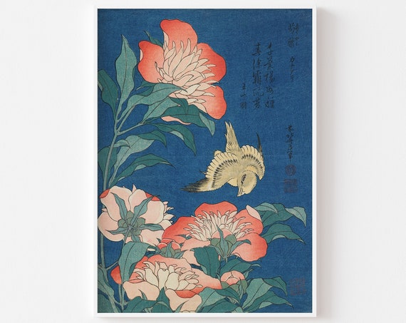 Peonies and Canary by Katsushika Hokusai, Vintage Art Print