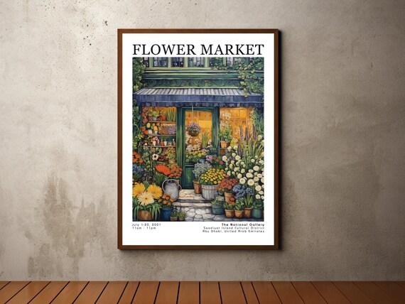 Flower Market Glowing Green Storefront Evening Blossom Art Poster