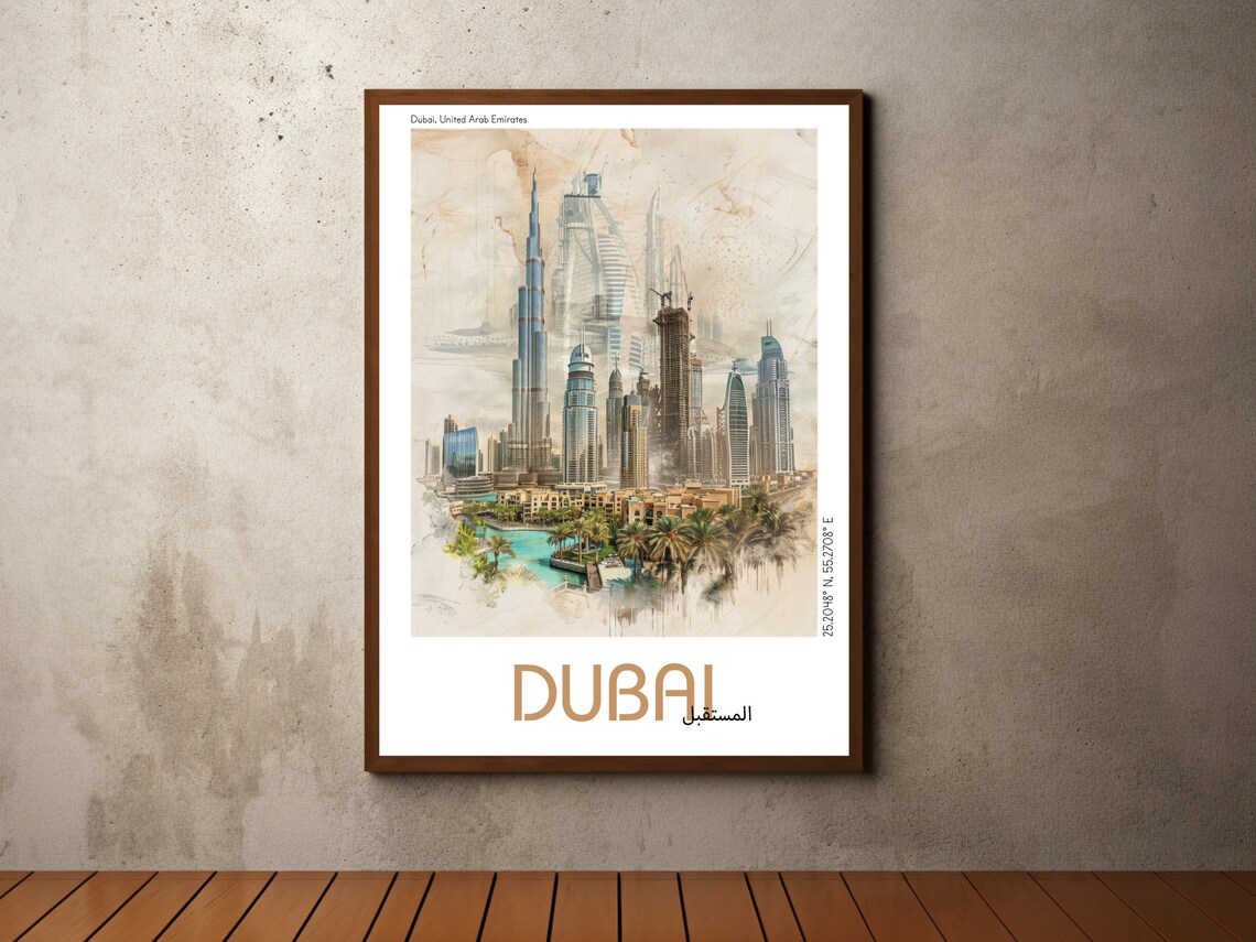 Burj Khalifa Dubai Watercolor Architecture Travel Poster Muted Tones