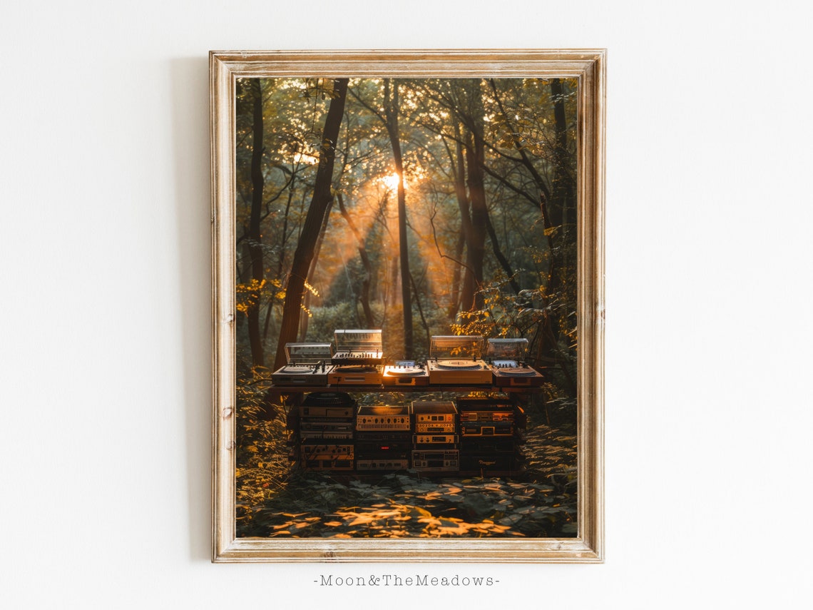 Sunlit Forest DJ Turntable Setup Surreal Golden Light Art Poster