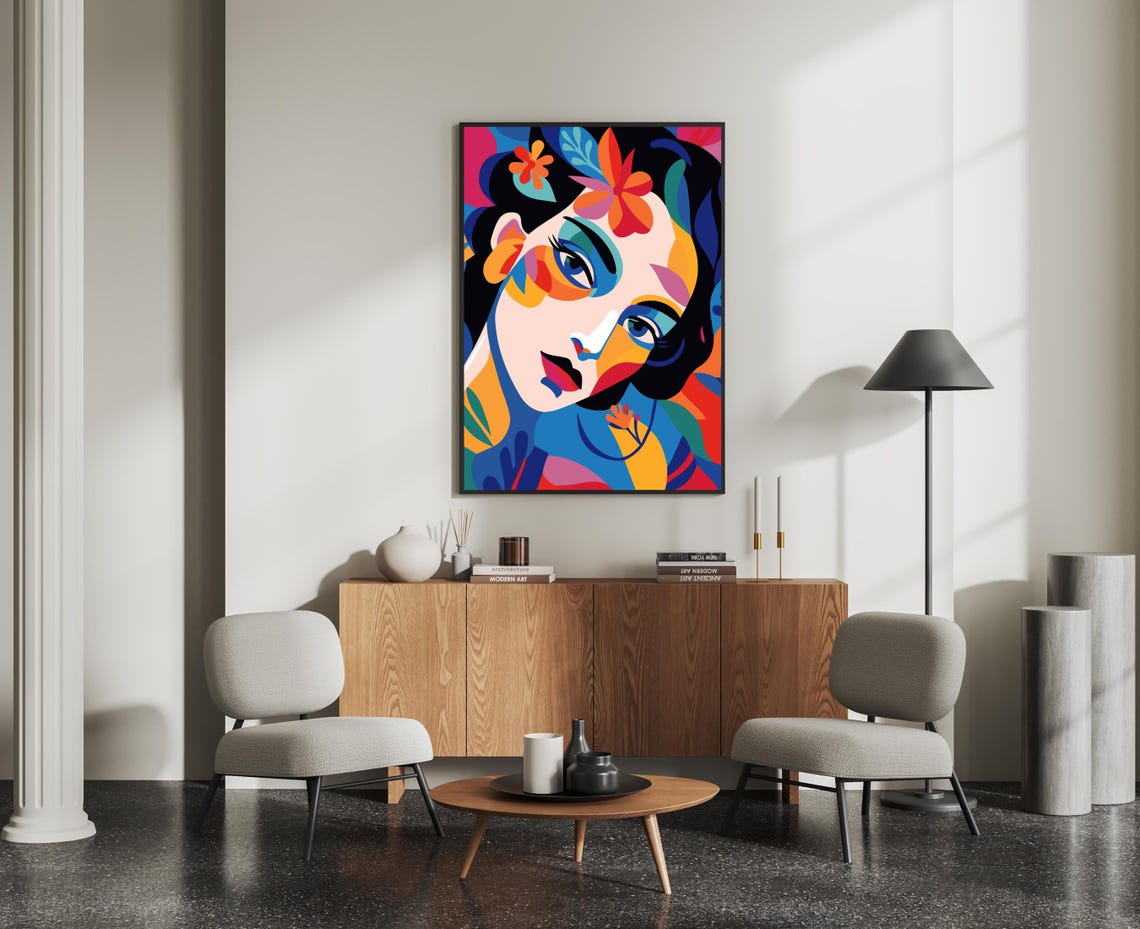 Pop Art Colorful Woman Face With Tropical Flowers Maximalist Poster - Image 4