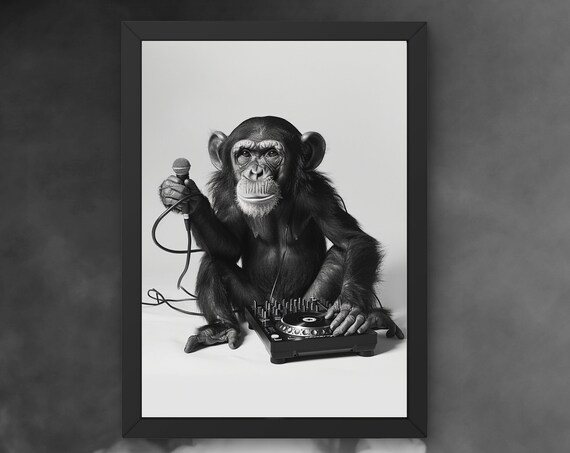 Monkey DJ With a Microphone at the Turntable Funny Music Poster