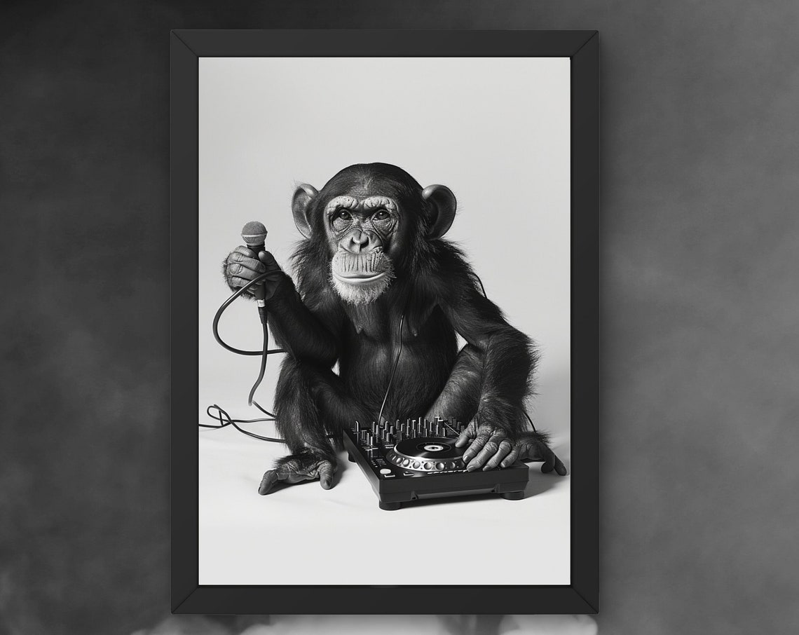 Monkey DJ With a Microphone at the Turntable Funny Music Poster
