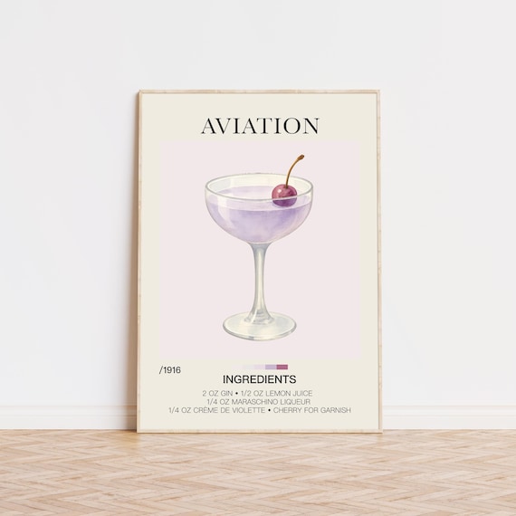 Aviation Cocktail Recipe Watercolor Purple Gin Cherry Bar Poster