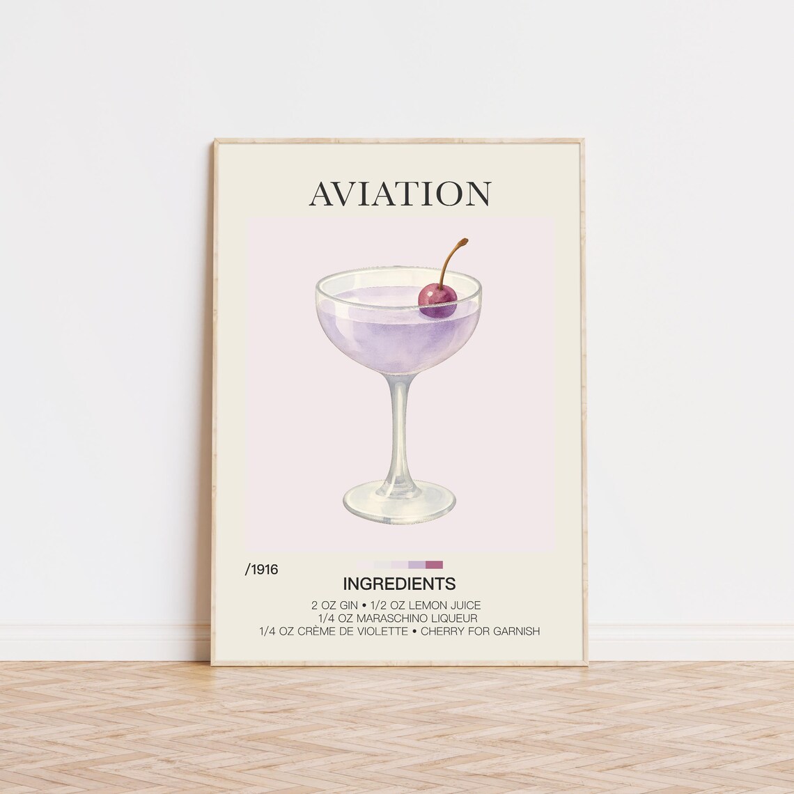 Aviation Cocktail Recipe Watercolor Purple Gin Cherry Bar Poster