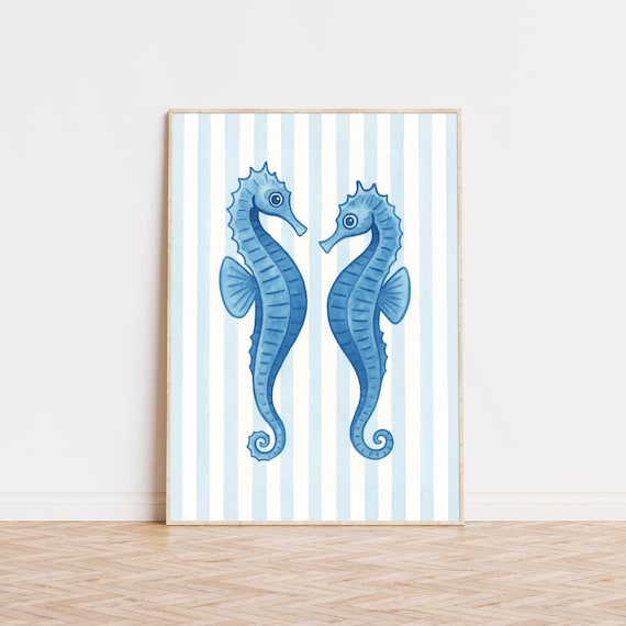 Blue Seahorses Watercolor Pair Striped Coastal Beach House Art Poster