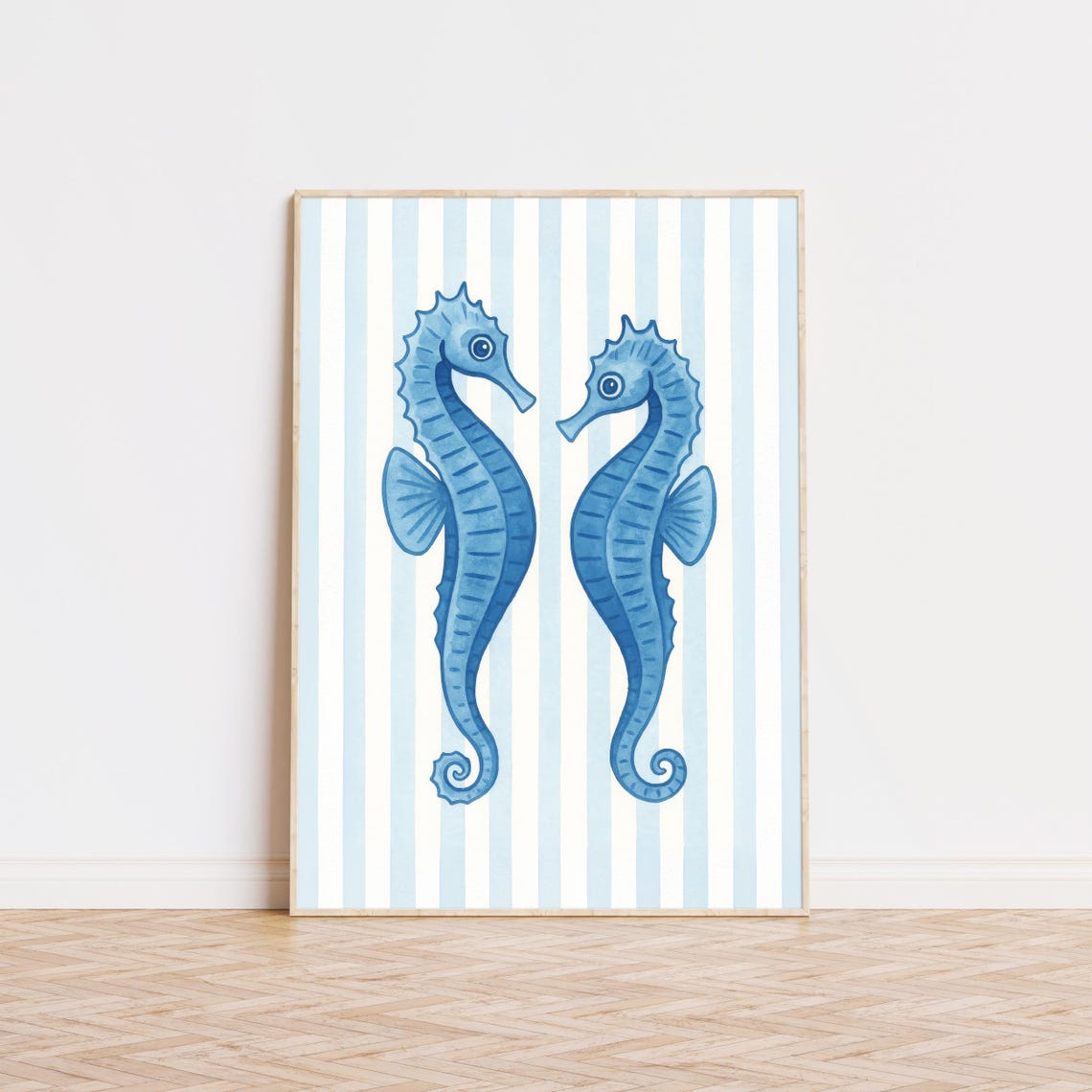 Blue Seahorses Watercolor Pair Striped Coastal Beach House Art Poster