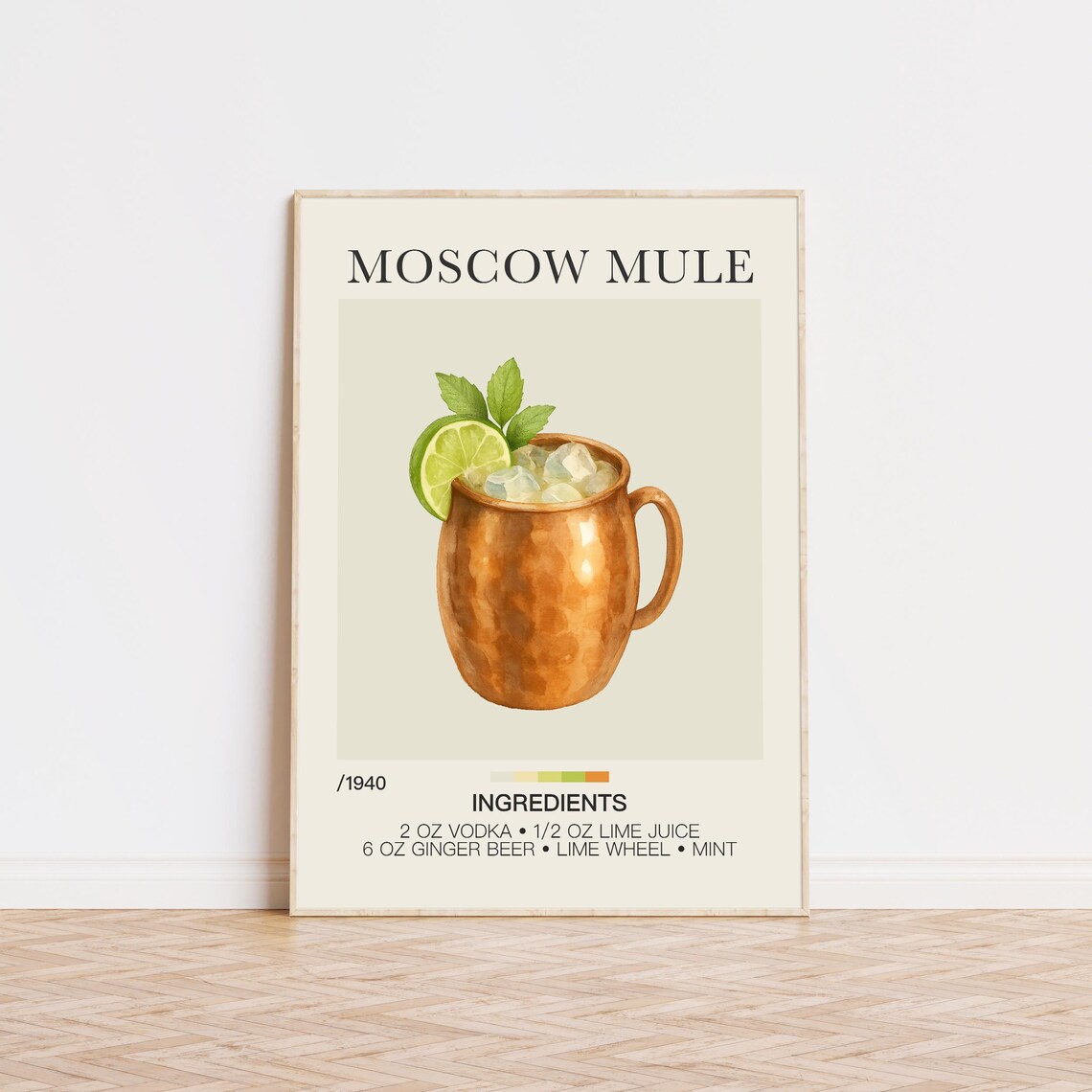 Moscow Mule Cocktail Recipe Watercolor Copper Mug Ginger Bar Poster