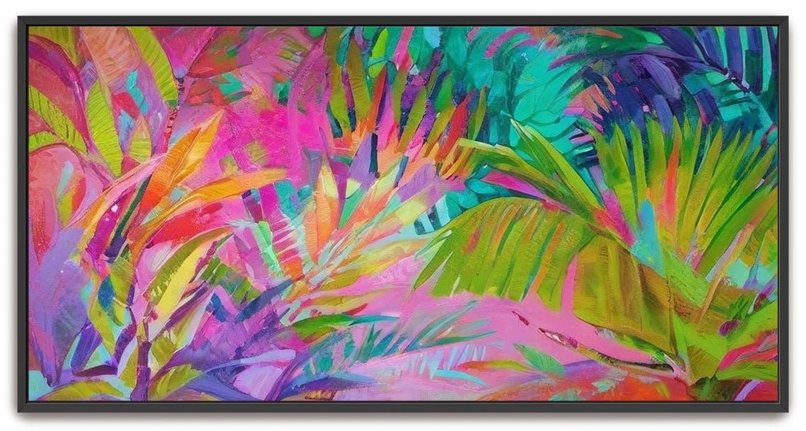 Hand Painted Abstract Acrylic Painting Large Colorful Artwork Wall Art Colorful Rainbow Tropical Jungle Palm Textured Framed Decor - Image 5