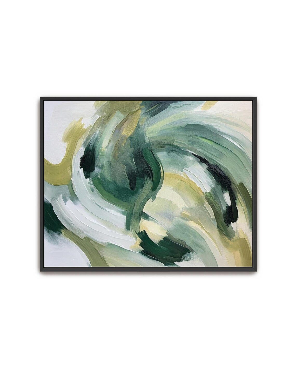 Hand Painted Abstract Acrylic Painting Large Artwork Wall Art Light Dark Olive Forest Green Neutral Beige White Framed Wall Decor