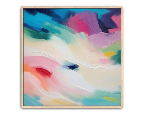 Hand Painted Abstract Acrylic Painting Large Artwork Wall Art Pastel Pink Blue Purple Beige Colorful Textured Framed Wall Decor