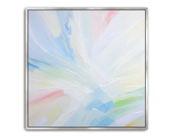 Hand Painted Abstract Wall Art Acrylic Painting Large Artwork Light Pastel Blue Green Pink White Neutral Textured Framed Wall Decor