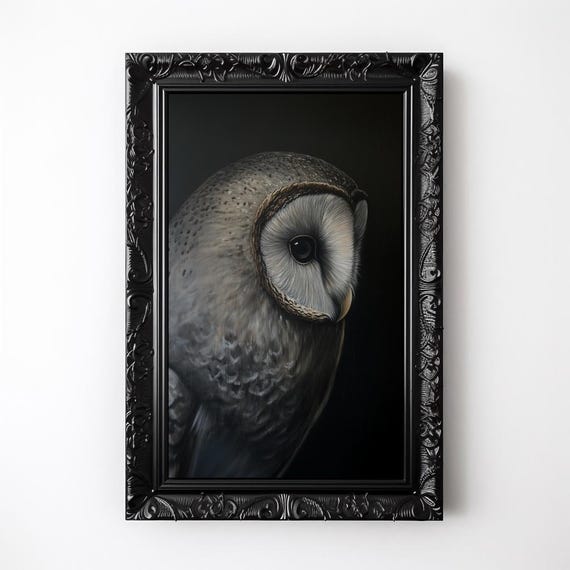 Moody Owl Oil Painting Vintage Barn Owl Wall Art Dark Academia Decor Reading Nook Artwork Antique Bird Gothic Animal Witchy Print