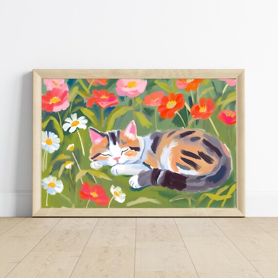 Tabby Cat Poster, Sleeping In Pansies Floral Decor