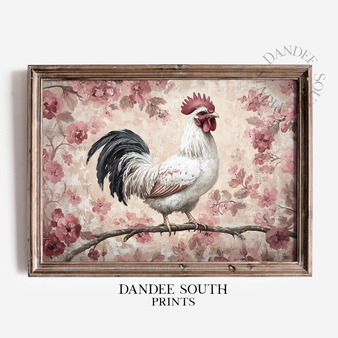 White Rooster Wall Art Pink Cherry Blossom Floral Farmhouse Painting
