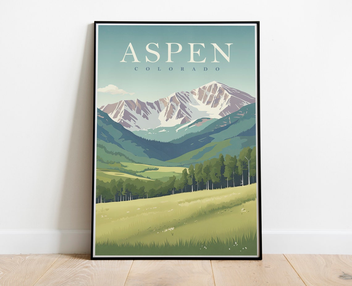 Aspen Colorado Snowcapped Peak Over Green Meadow Travel Poster