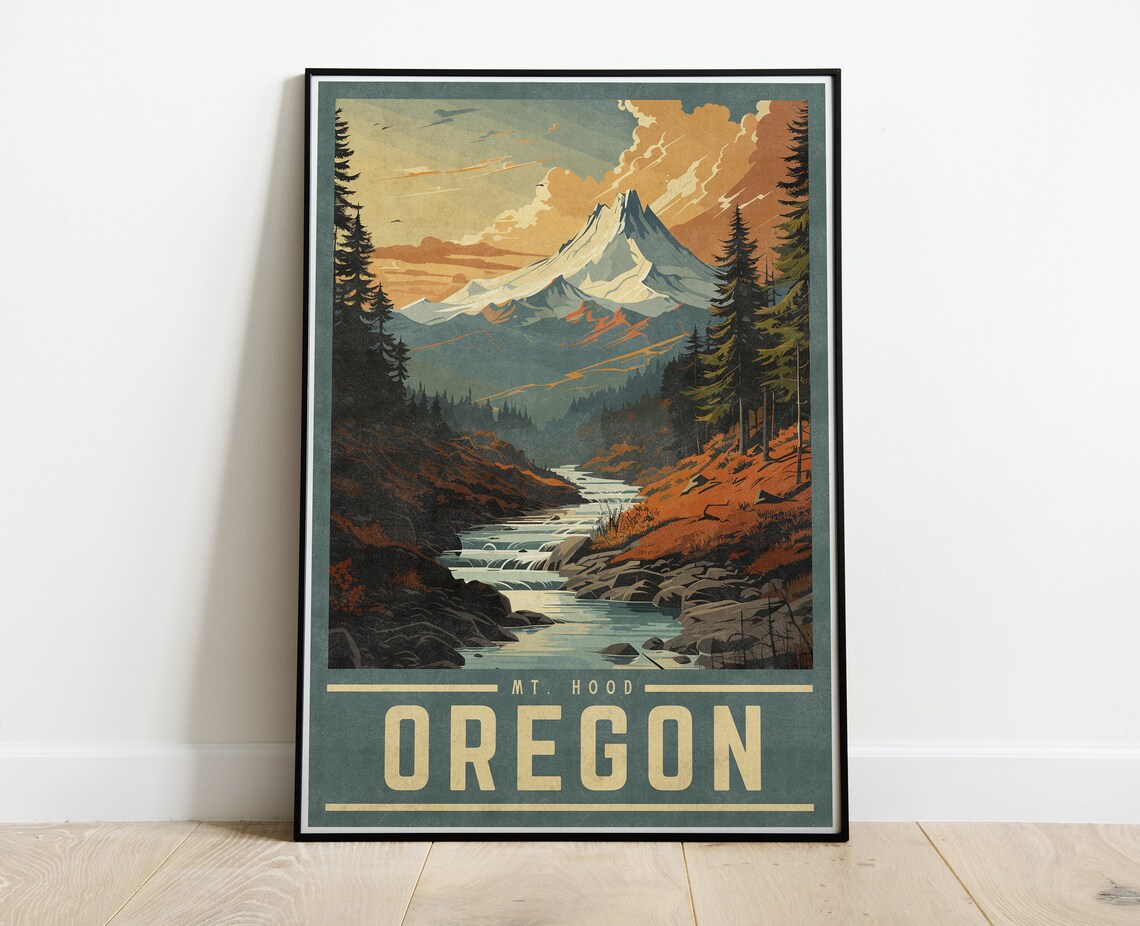 Mt Hood Oregon Vintage Travel Poster, Mountain View