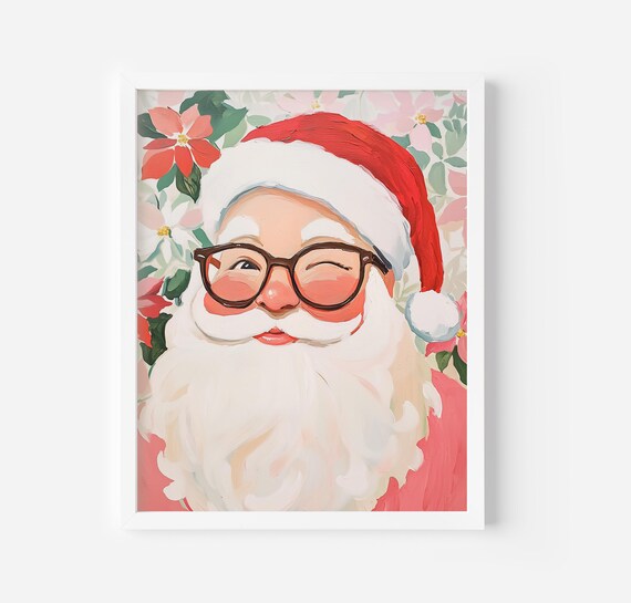 Winking Santa Christmas Farmhouse Art Print Trendy Holiday Decor Pink Christmas Print Cute Christmas Decor Pastel Santa Print