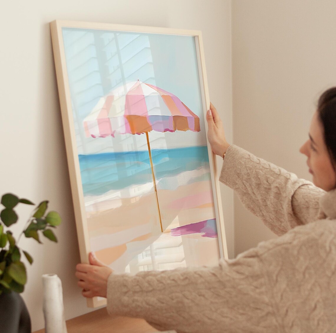 Pink Beach Umbrella Painting, Retro Summer Art Print - Image 3