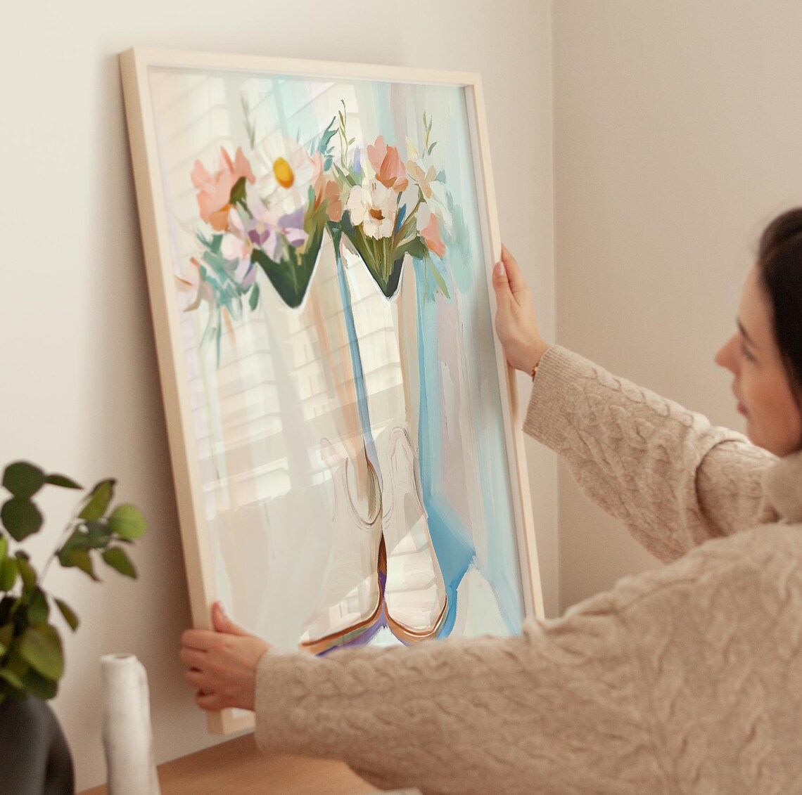 White Cowboy Boots With Flowers Western Floral Painting Poster - Image 3
