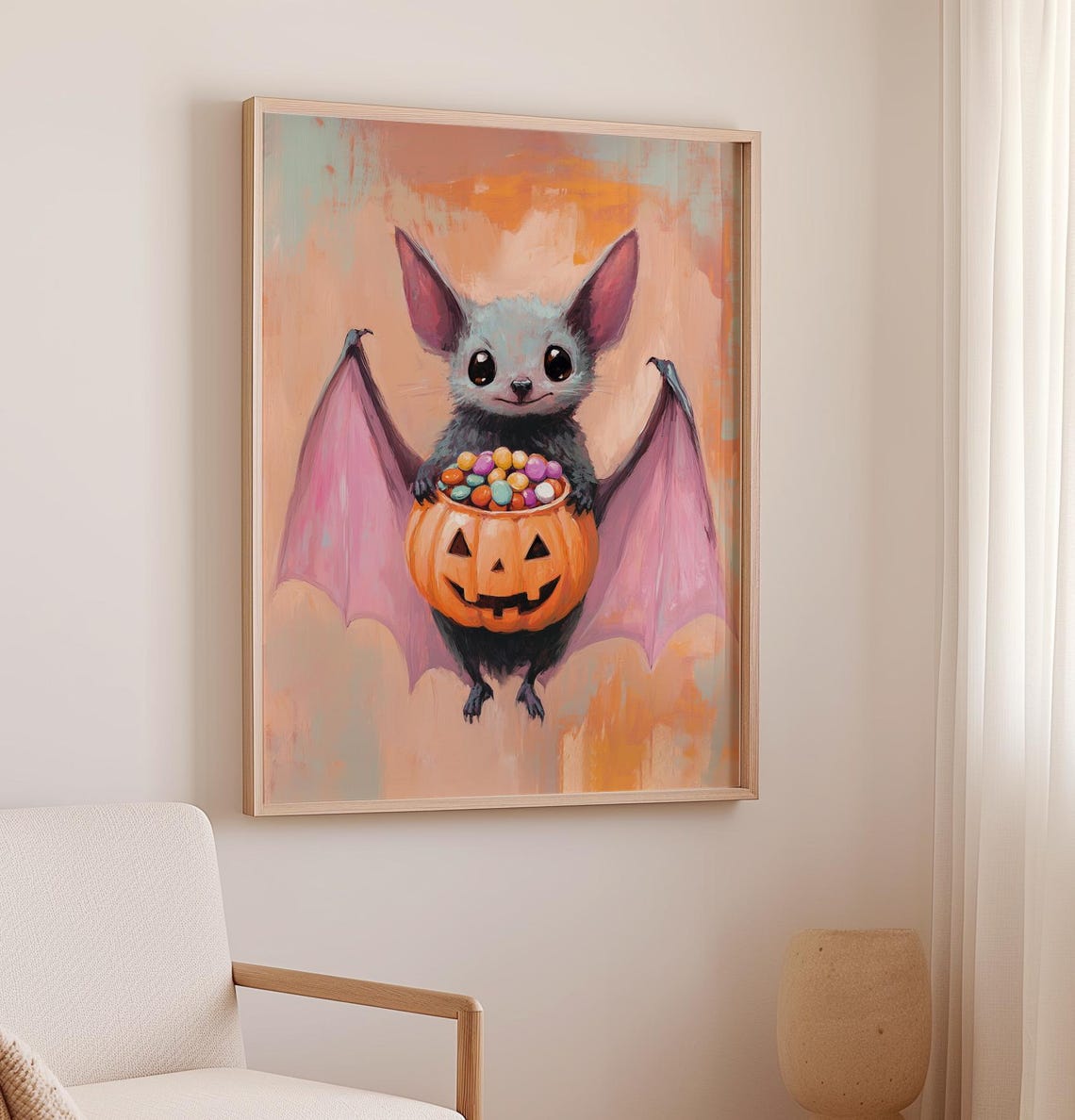 Cute Baby Bat Holding Halloween Candy Bucket Spooky Fun Art Poster - Image 2
