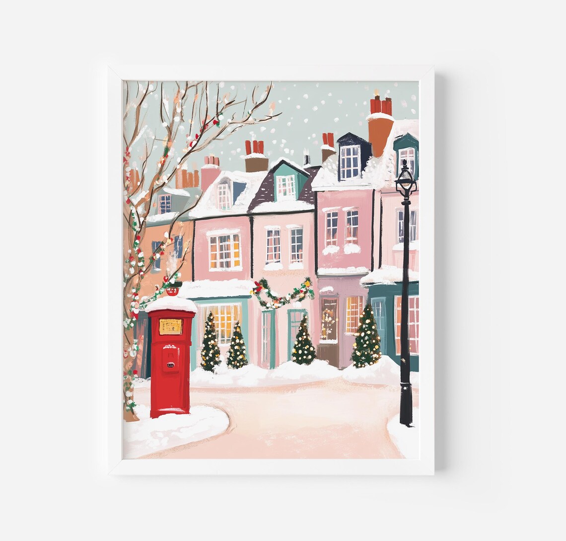 Cute Winter Town Art Print, Pink Christmas Decor
