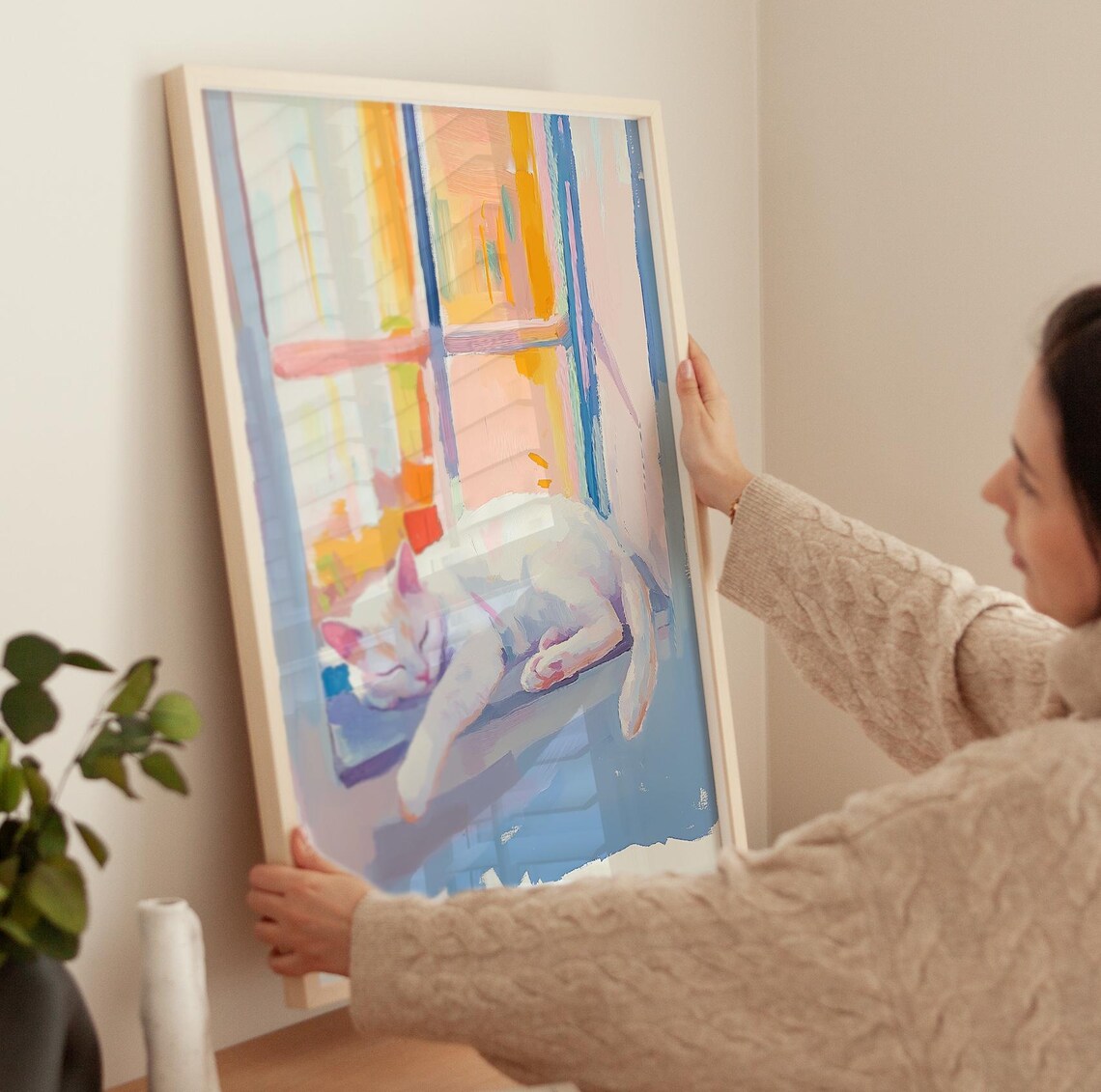 Sleeping Cat Art Print White Cat Print Soft Spring Home Decor Cute Cat Nursery Artwork Aesthetic Cat Wall Art Sleeping Kitten Painting - Image 3