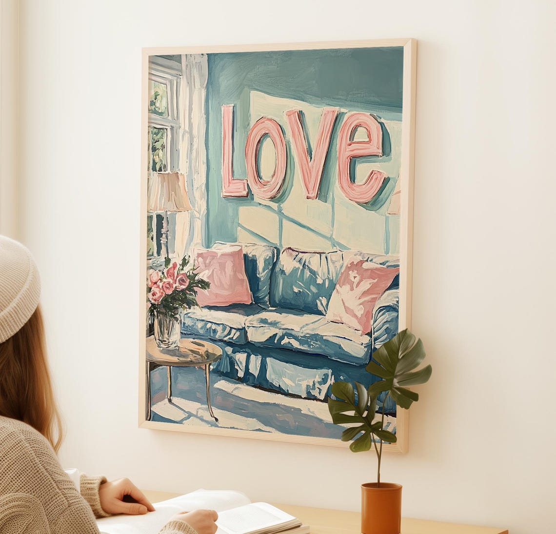 Cozy Living Room With Love Letter Sign Pastel Interior Art Poster - Image 2