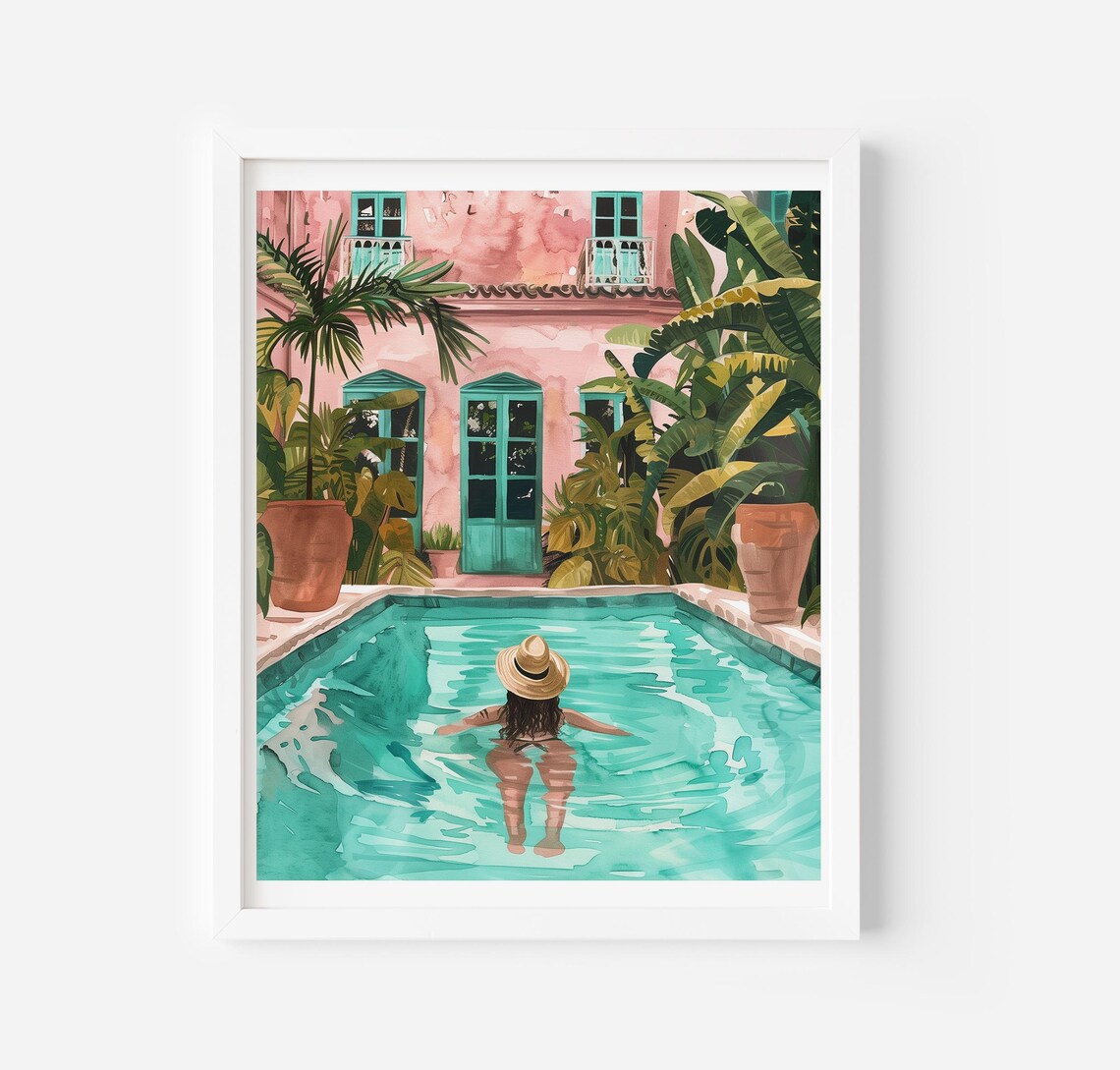 Girl In Pool Swimming Modern Summer Art Print