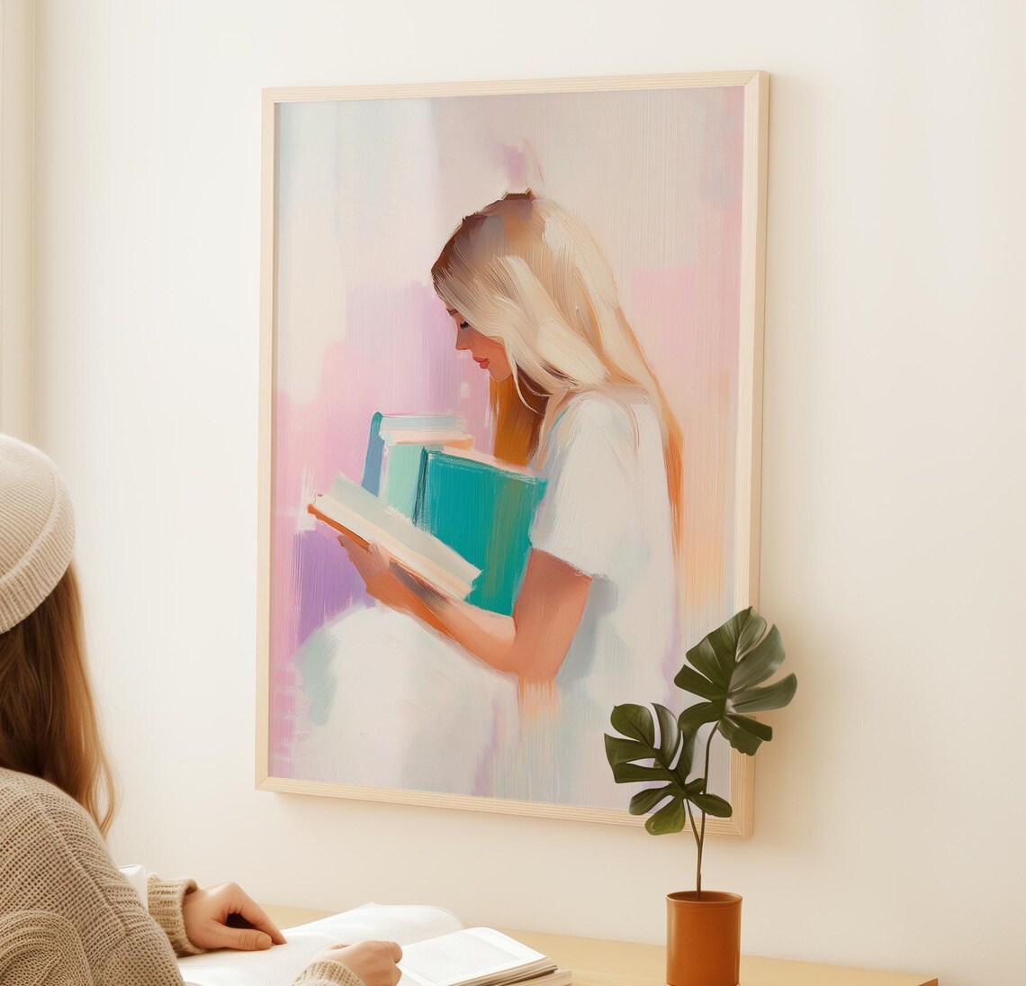 Blonde Girl Reading Books In Soft Pastel Portrait Art Poster - Image 2