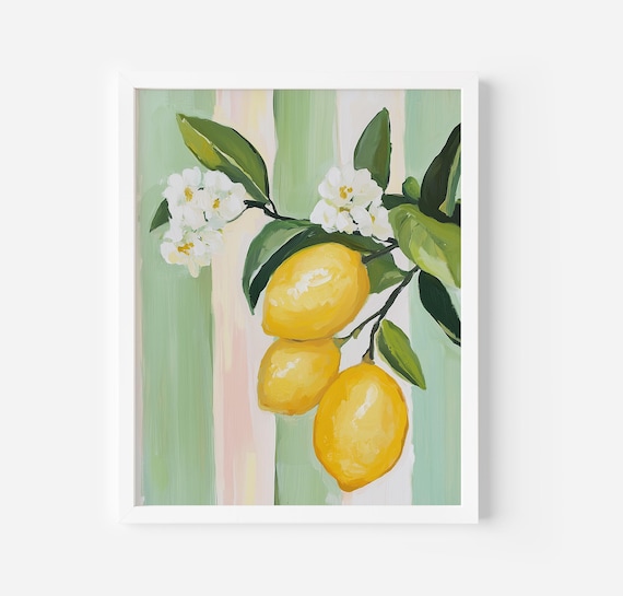Lemons Art Print Lemons And Stripes Art Modern Wall Art Pastel Painting Trendy Kitchen Decor Cute Lemon Print Art