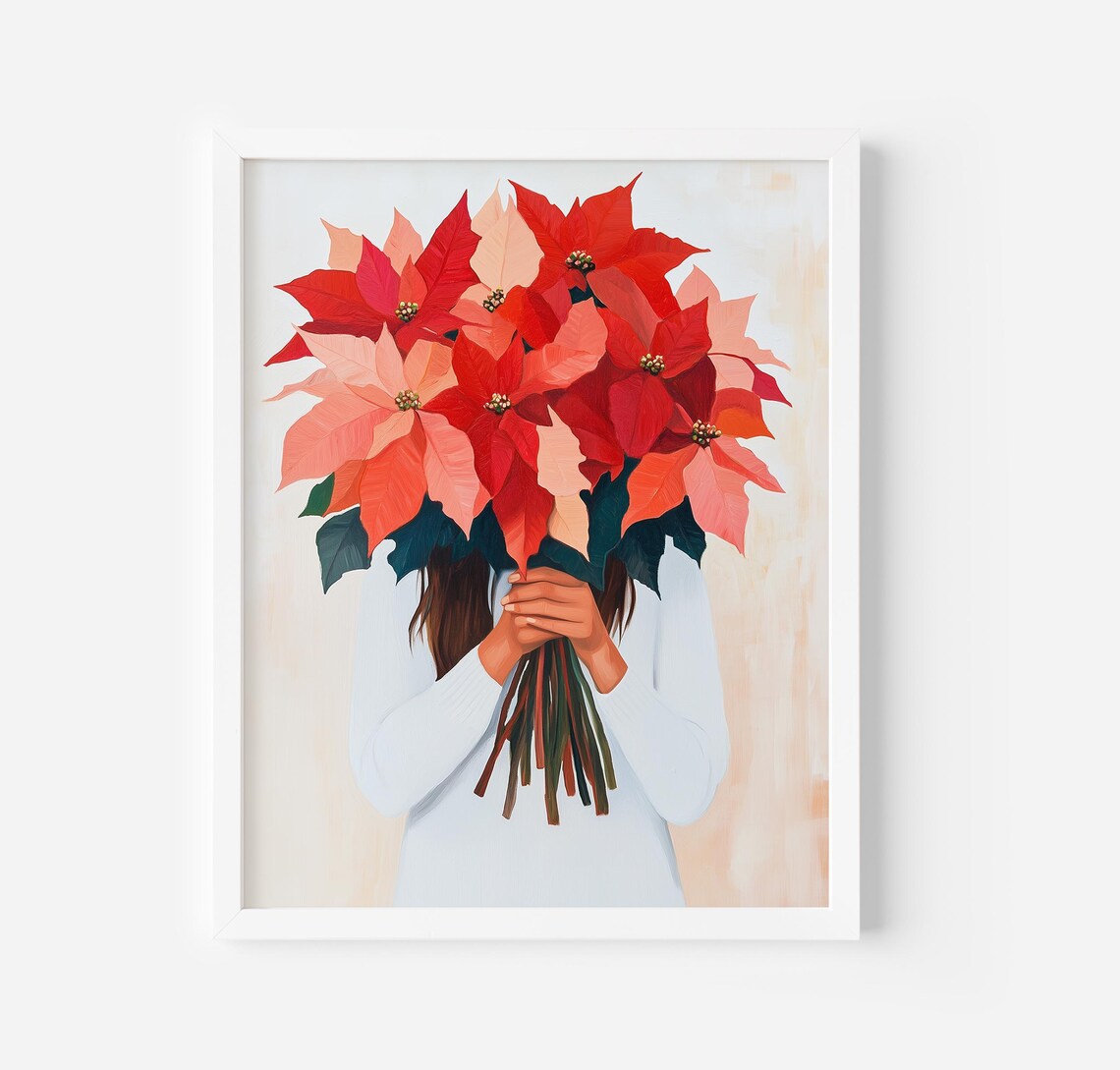 Woman Holding A Large Poinsettia Bouquet Christmas Floral Poster