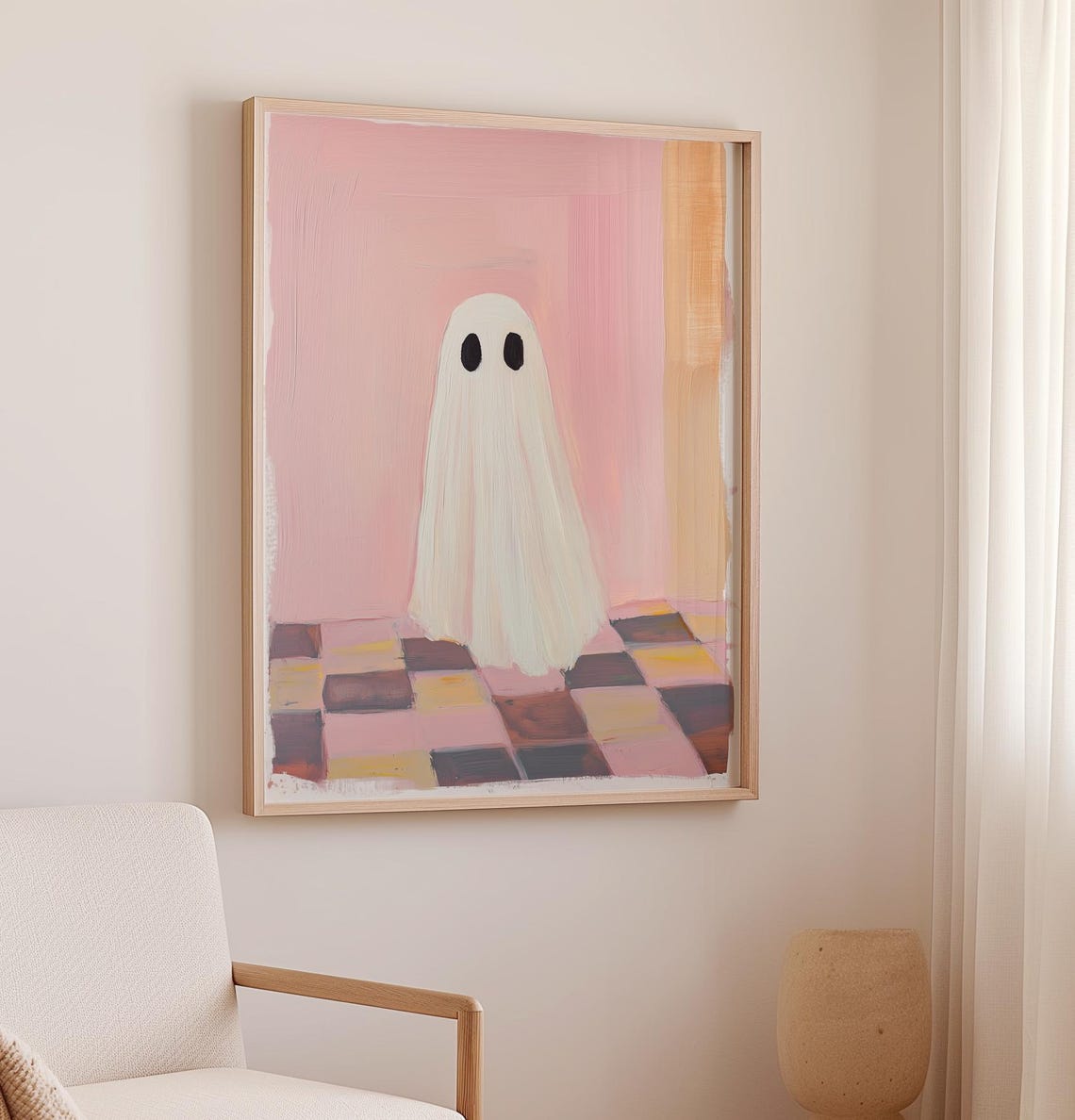 Cute Sheet Ghost On Pink Checkered Floor Soft Halloween Poster - Image 2
