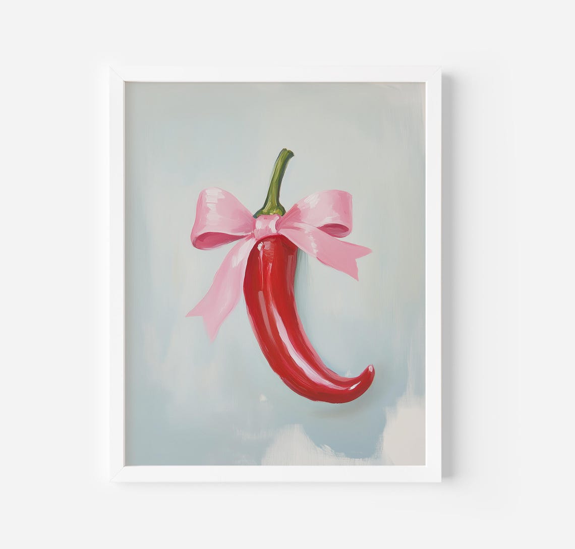 Red Chili Pepper With Pink Bow Quirky Kitchen Wall Art Poster