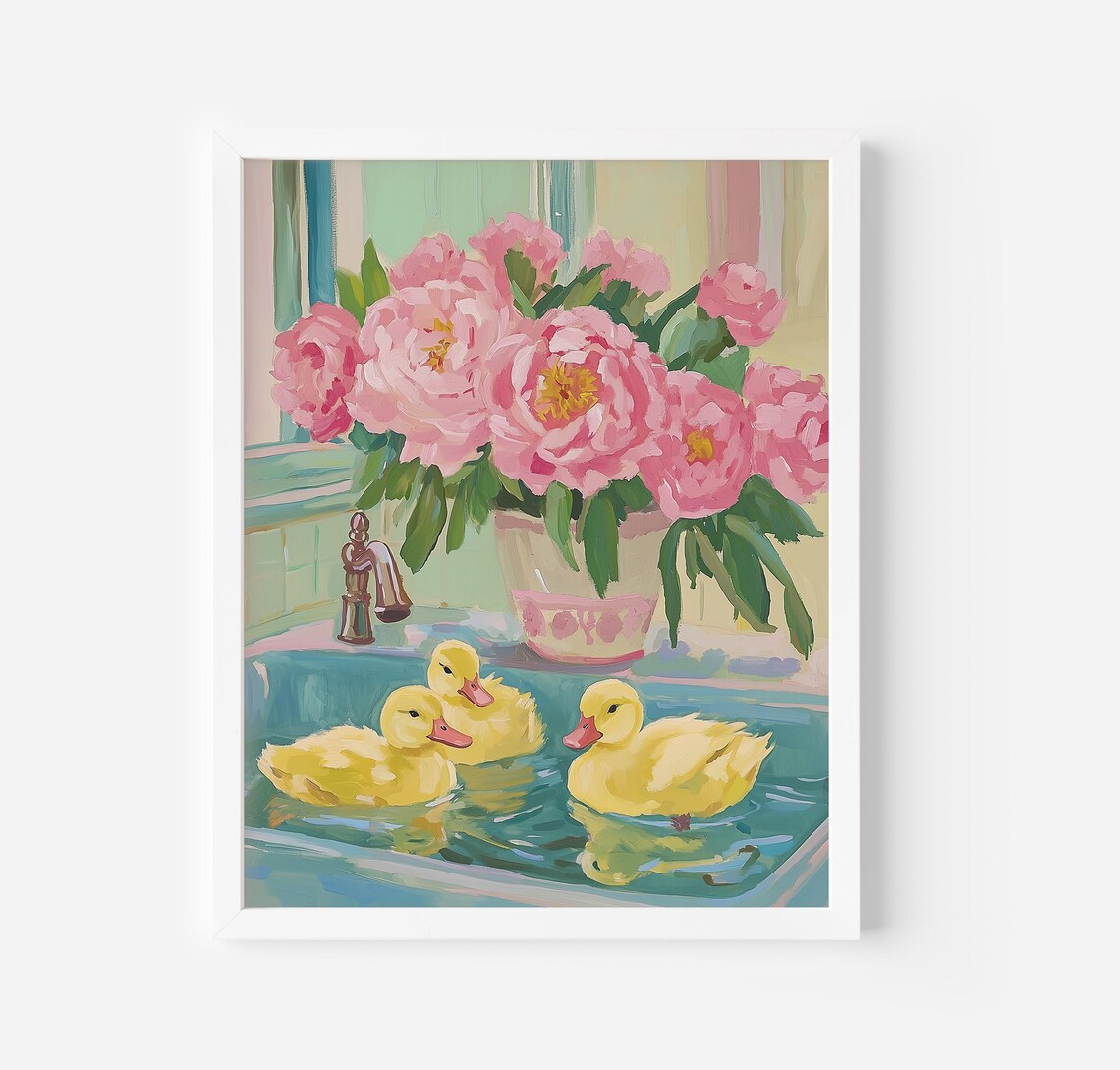 Ducks In The Bathtub Art Print, Pink Roses Bathroom Decor