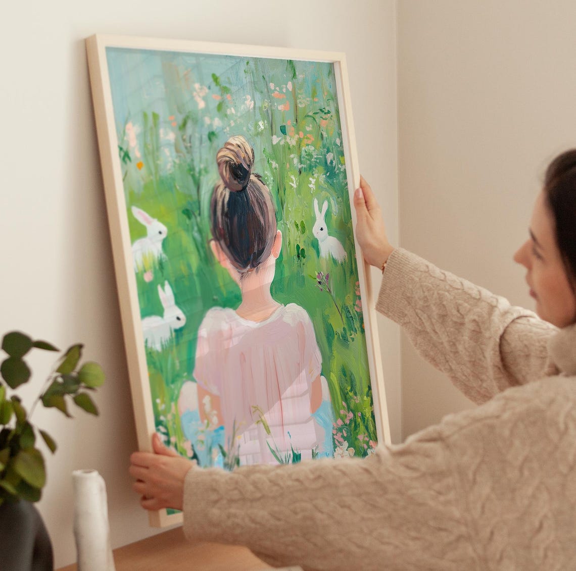 Toddler Girl Print Girls Room Art Oil Painting Girl With Bunnies Girl Nursery Artwork Spring Wall Art Easter Wall Decor - Image 3