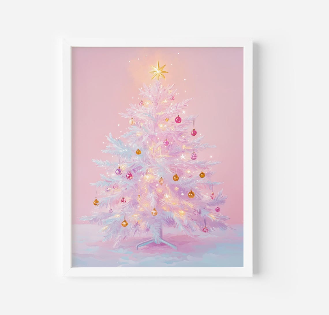 Pink Flocked Christmas Tree With Gold Ornaments Blush Poster