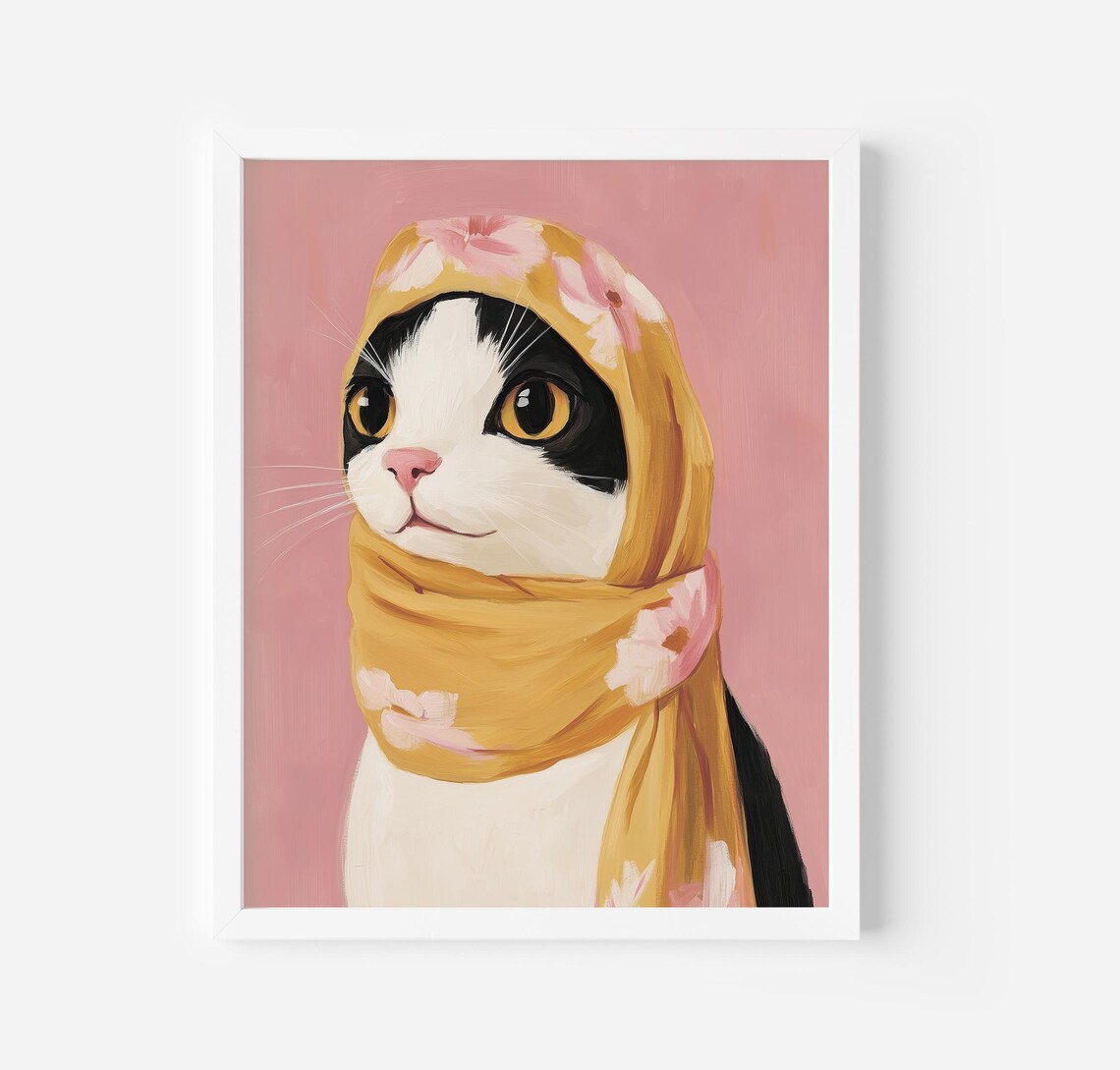 Cute Cat Babushka Art Print, Trendy Cat Painting