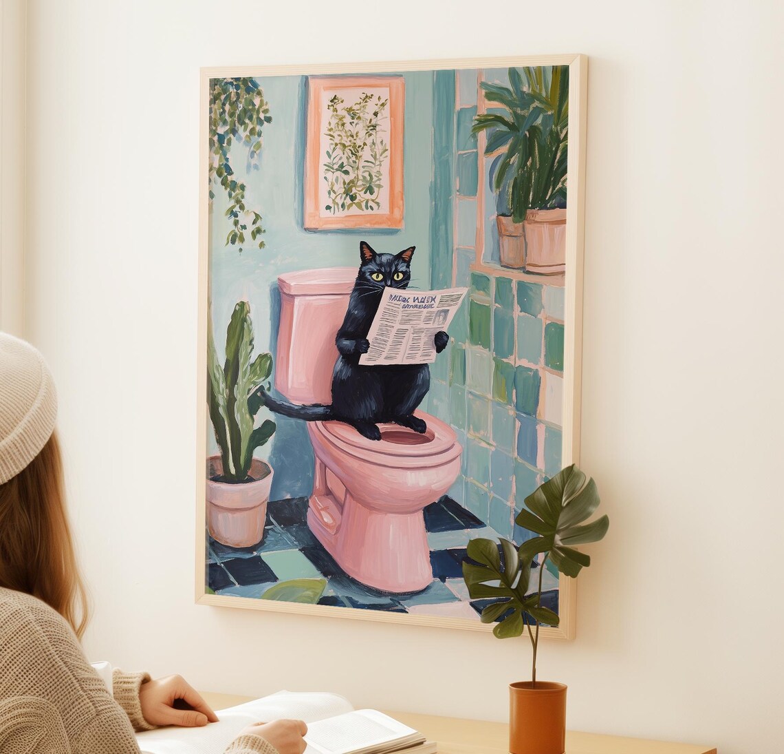 Black Cat on Toilet Bathroom Wall Art Print, Maximalist - Image 2