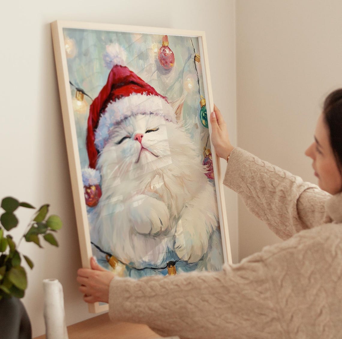 Fluffy White Cat Sleeping Peacefully In A Santa Hat Christmas Poster - Image 3