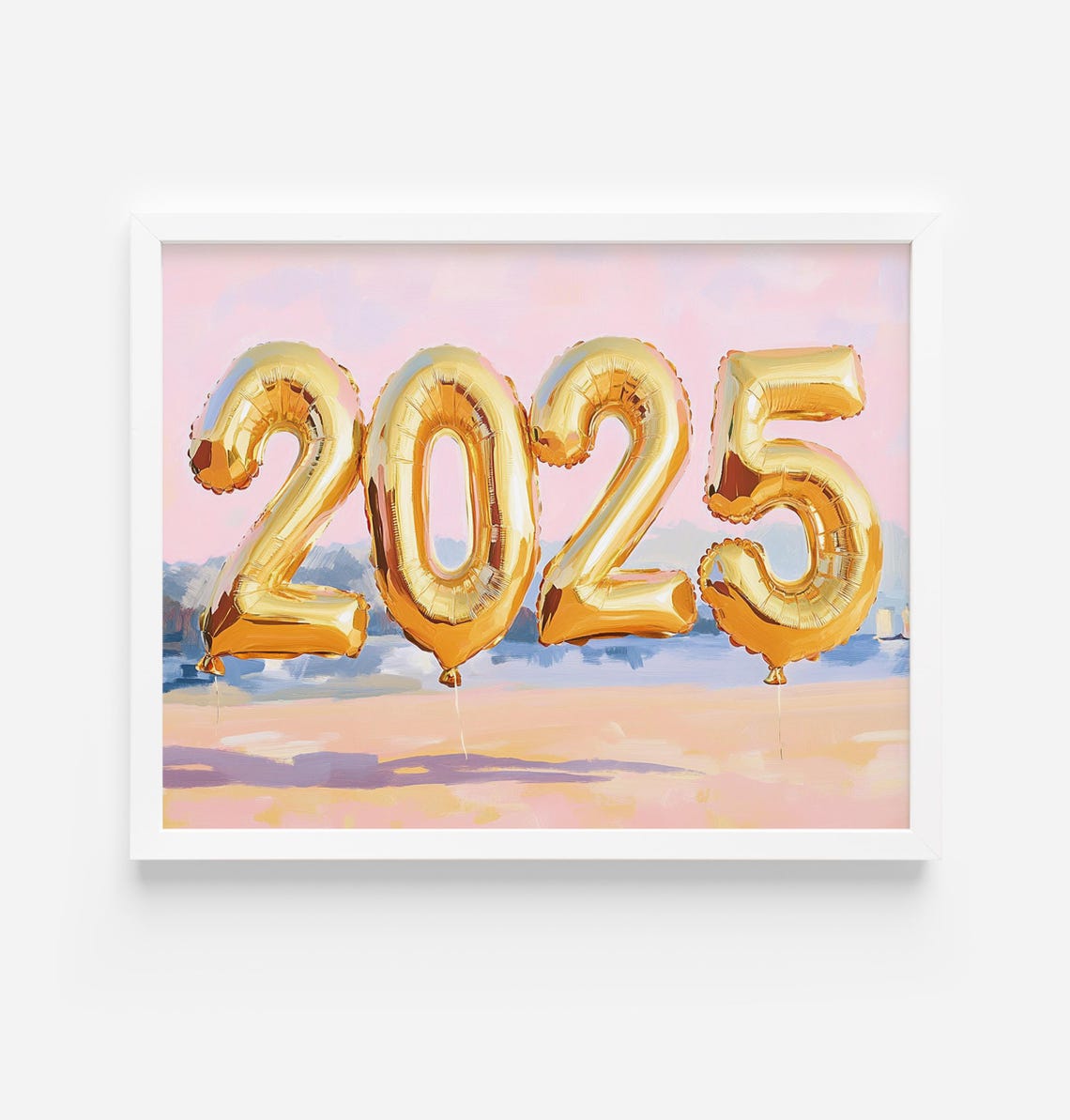 Gold 2025 Coastal Balloons Beach Sunset Celebration Art Poster