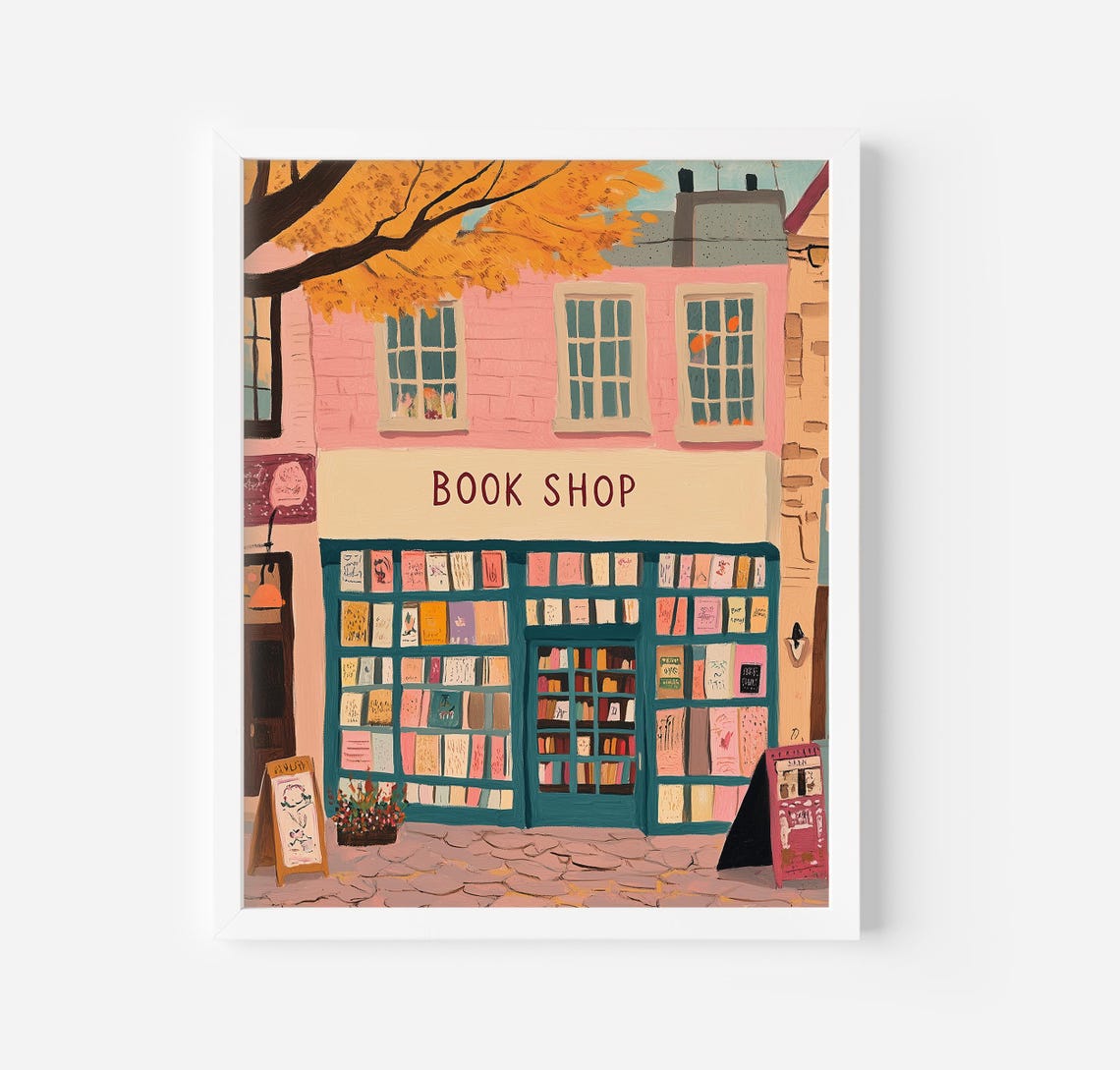 Pink Book Shop Storefront Illustration Cozy Reading Decor Poster