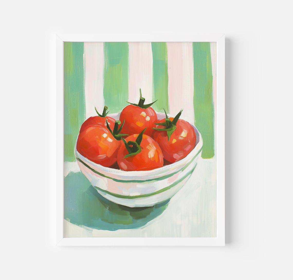 Red Tomatoes In Striped Bowl On Green Stripes Kitchen Art Poster